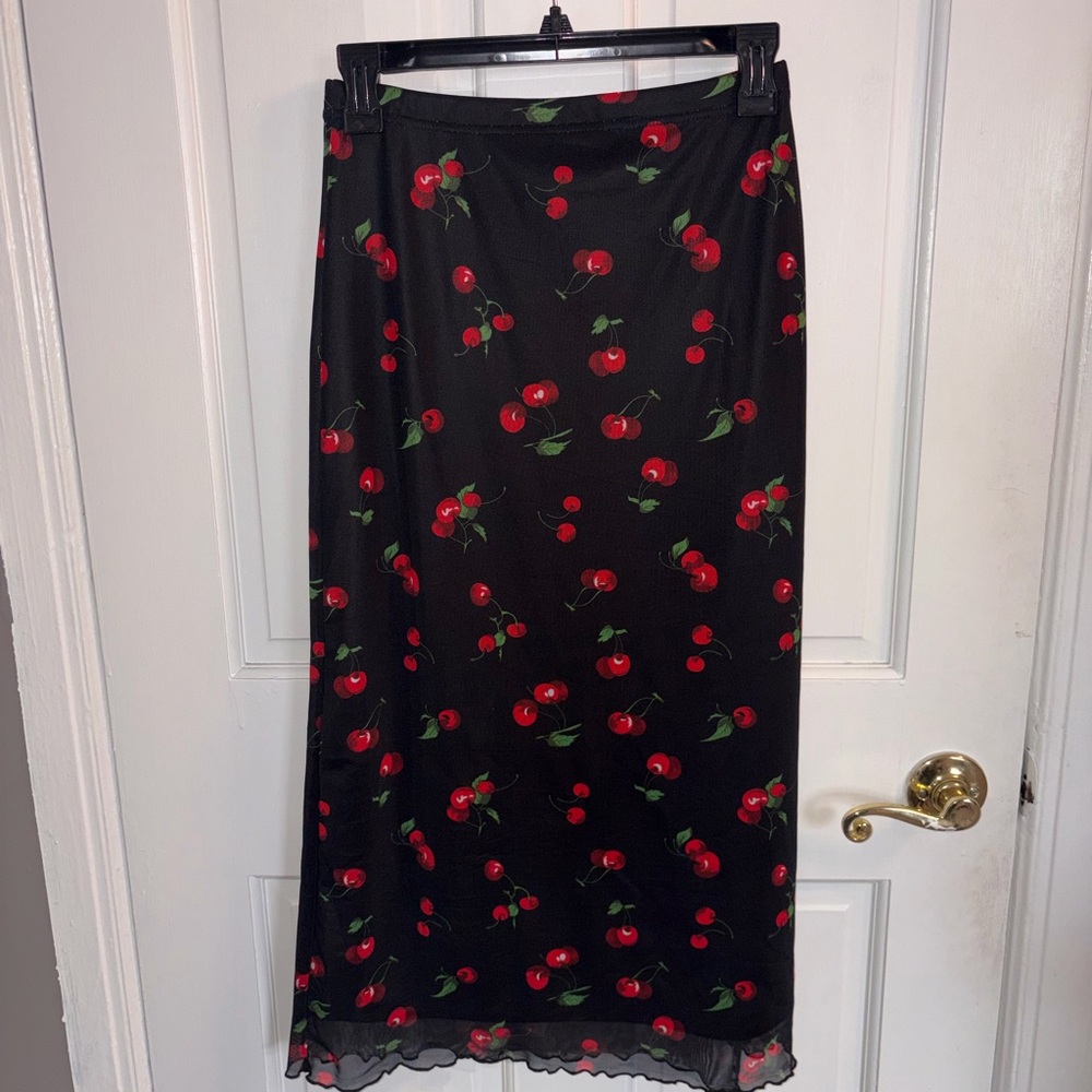 SHEIN Black Midi Skirt with Red Cherry Print